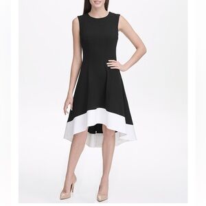 Tommy Hilfiger fit-n-flare sleeveless midi dress w/assymetrical hem, black/white